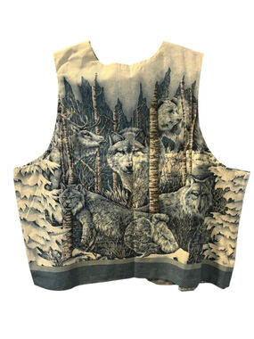 VTG Midwinter Dream Wolf Bear Wildlife Vest Reversible Granola Casual Size XL